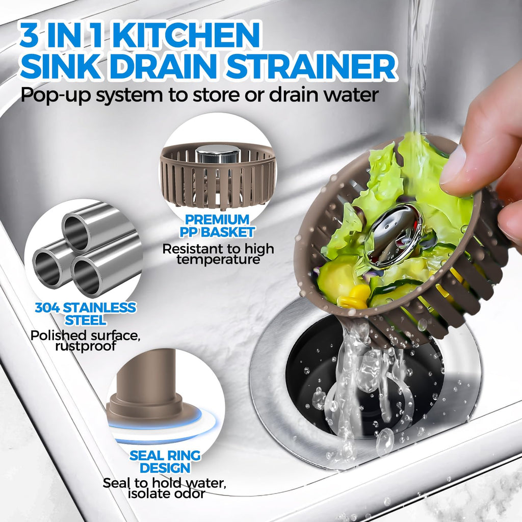 Sink Drain Strainer - Sink Stopper Kitchen Drain, 3 in 1 Kitchen Sink Drain Strainer with Anti-Clogging Basket, Kitchen Gadgets Clearance Sink Accessories, Fit US Standard 3-1/2'' Sink Hole, Silver