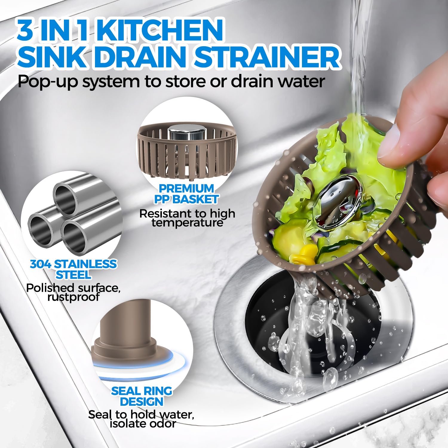 Sink Drain Strainer - Sink Stopper Kitchen Drain, 3 in 1 Kitchen Sink Drain Strainer with Anti-Clogging Basket, Kitchen Gadgets Clearance Sink Accessories, Fit US Standard 3-1/2'' Sink Hole, Silver
