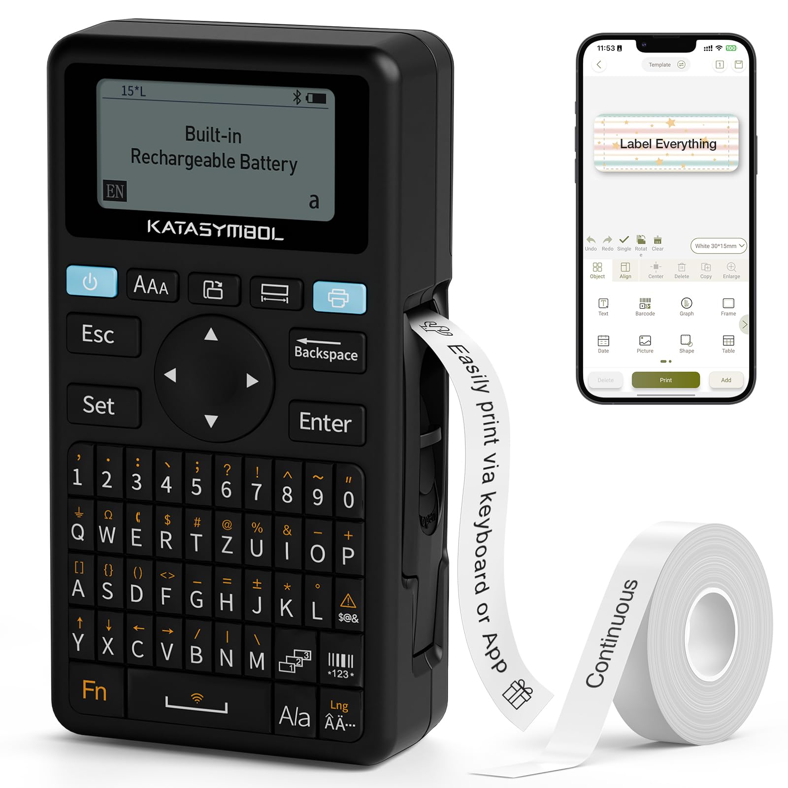 SUPVAN E11 Bluetooth Label Maker Machine with 4 Tapes, Support Keyboard & App with 30+ Fonts and 660+ Icons, Rechargeable Inkless Labeler for Home, Kitchen, Office, School, Organization, Black