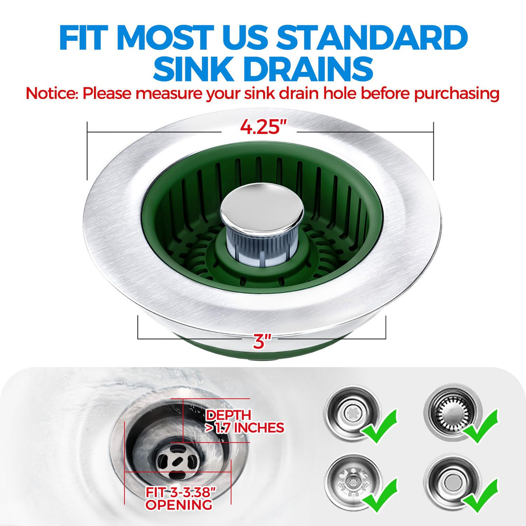 Sink Drain Strainer - Sink Stopper Kitchen Drain, 3 in 1 Kitchen Sink Drain Strainer with Anti-Clogging Basket, Kitchen Gadgets Clearance Sink Accessories, Fit US Standard 3-1/2'' Sink Hole, Silver