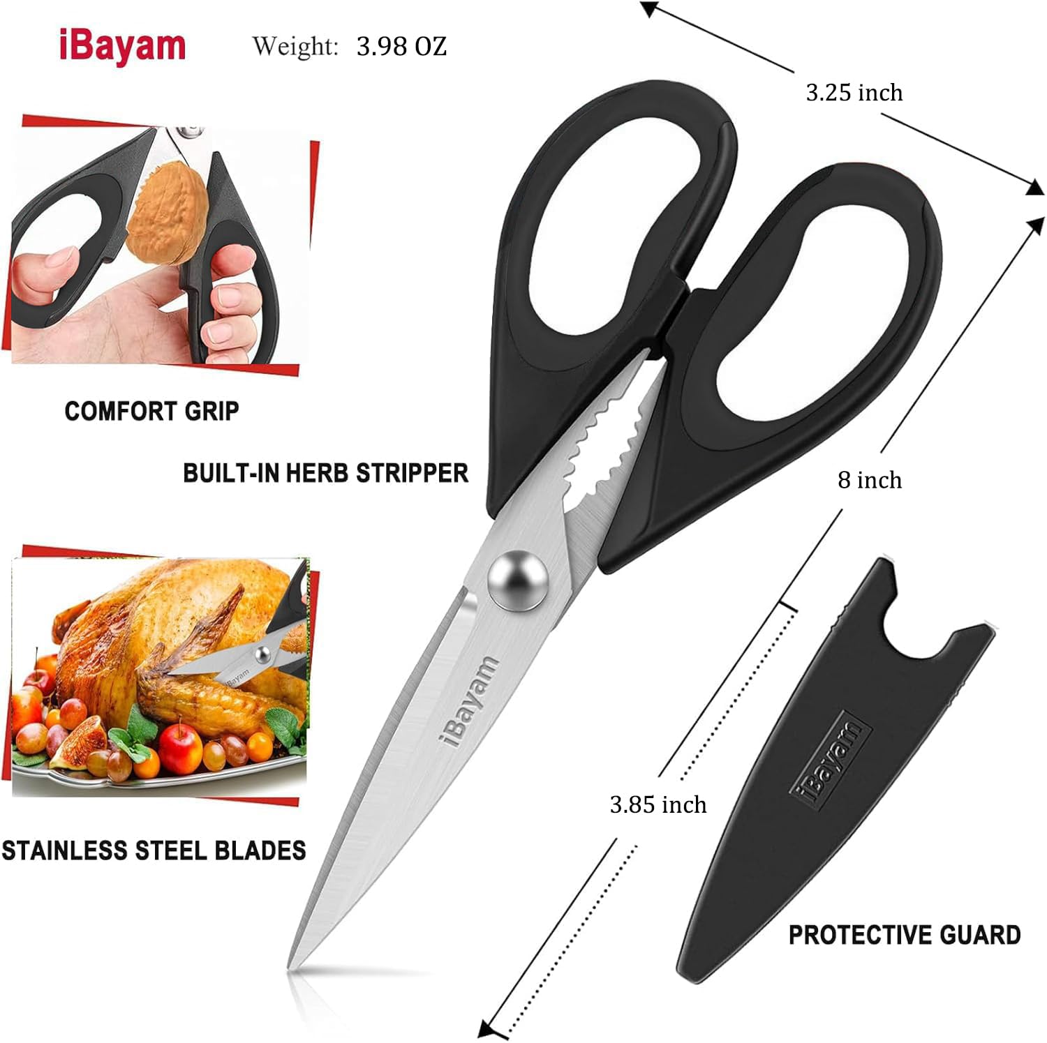 iBayam Kitchen Scissors All Purpose Heavy Duty 2 Pack with Protective Sheath, Stainless Steel Shears Kitchen Utensils Set for Cutting Food Cooking Meat Poultry Dishwasher Safe Soft Comfort-Grip