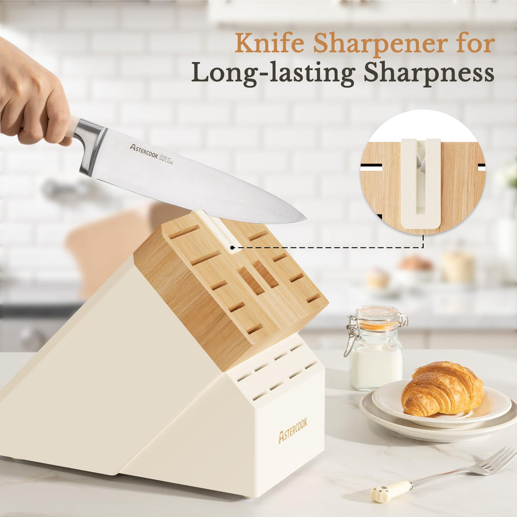 Knife Set,Astercook Kitchen Knife Set with Block 14-Piece Full Tang Stainless Steel Knives with Sharpener Dishwasher Safe and Anti-Slip Ergonomic Handle Utensils Set