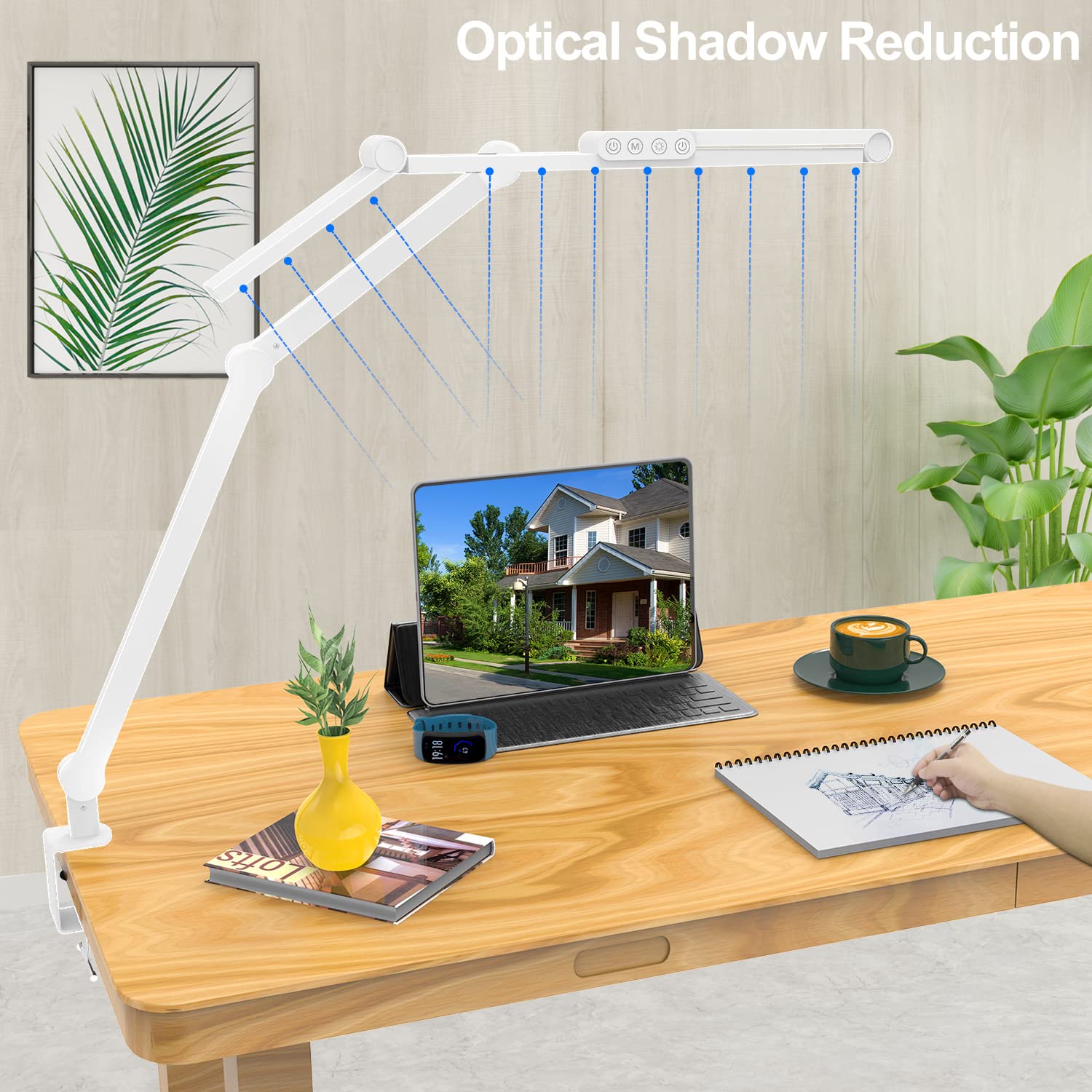 Micomlan Led Desk Lamp with Clamp, Architect Desk Lamp for Home Office with Atmosphere Lighting, 24W Ultra Bright Auto Dimming Computer Light Stepless Dimming and Tempering LED Table Light