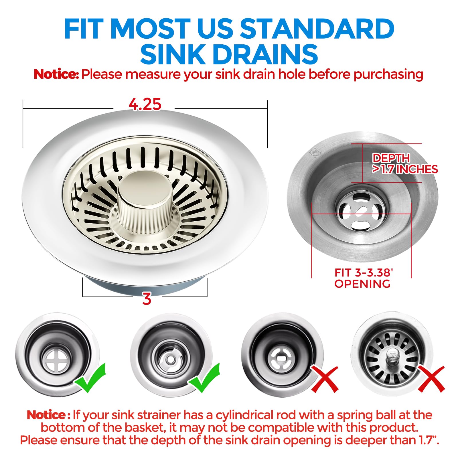 Sink Drain Strainer - Sink Stopper Kitchen Drain, 3 in 1 Kitchen Sink Drain Strainer with Anti-Clogging Basket, Kitchen Gadgets Clearance Sink Accessories, Fit US Standard 3-1/2'' Sink Hole, Silver