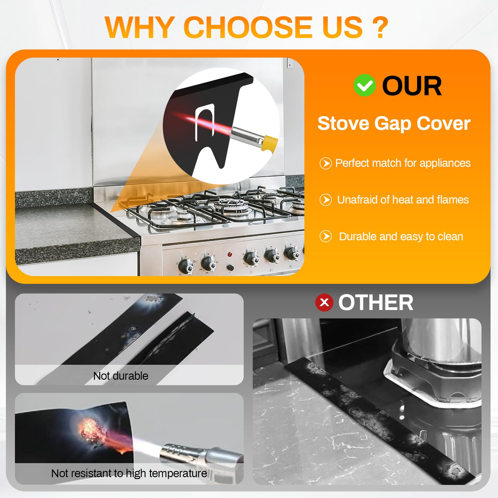 Stainless Steel Stove Gap Covers,Stove Gap Filler, Range Trim Kit, Stove Gap Guards, Heat Resistant and Easy to Clean, Easy retractable Length 13.8" to 27.5", Width 0.79",Black(2PCS)