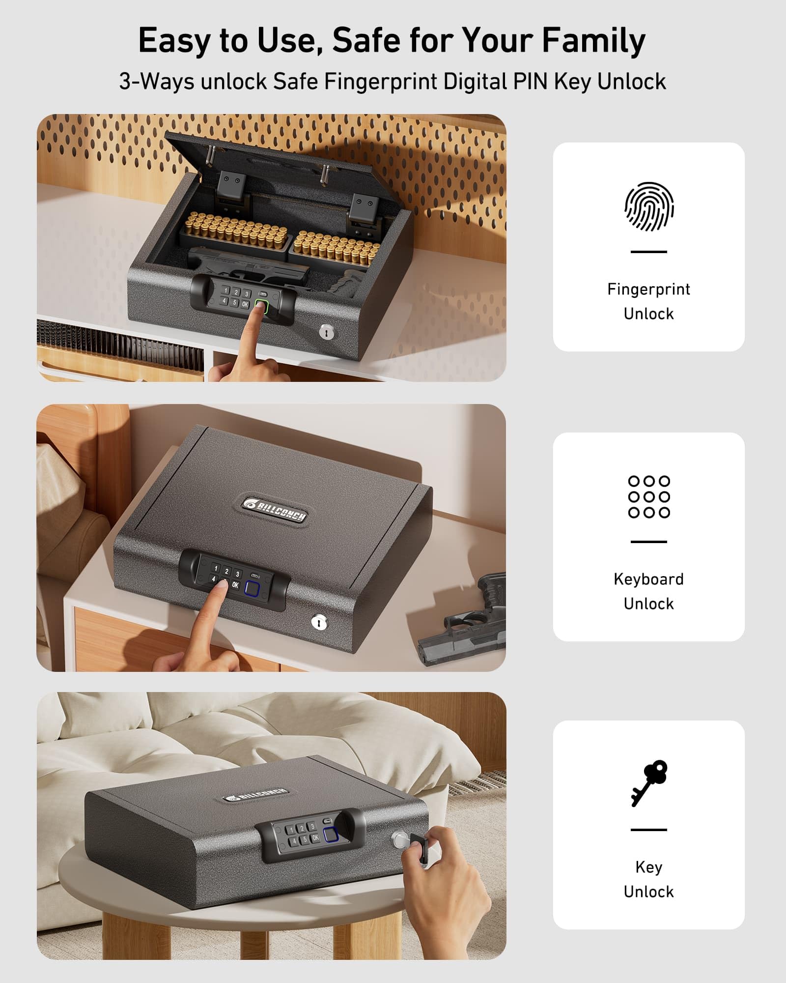 Biometric Gun Safe for Pistols 3-Ways unlock Fingerprint Digital PIN Key Unlock Handgun Safe with Sound, Lock box for Cloakroom living room Bedroom Nightstand and Car BILLCONCH