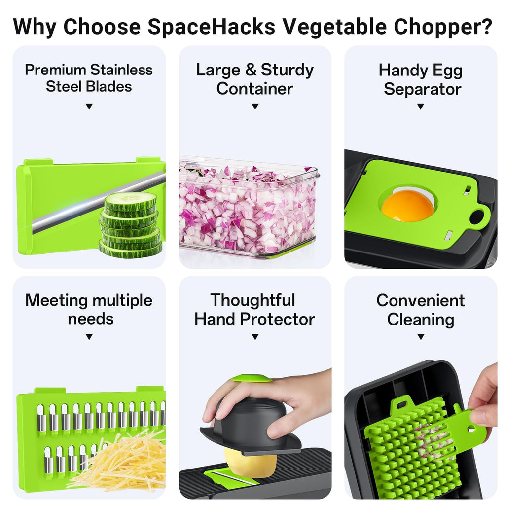 SpaceHacks 12-in-1 Vegetable Chopper, Kitchen Gadgets with 7 Blades, Veggie, Food, Onion Chopper, Cucumber Slicer, Versatile Mandoline, Includes Egg Separator & Finger Guard, Gray