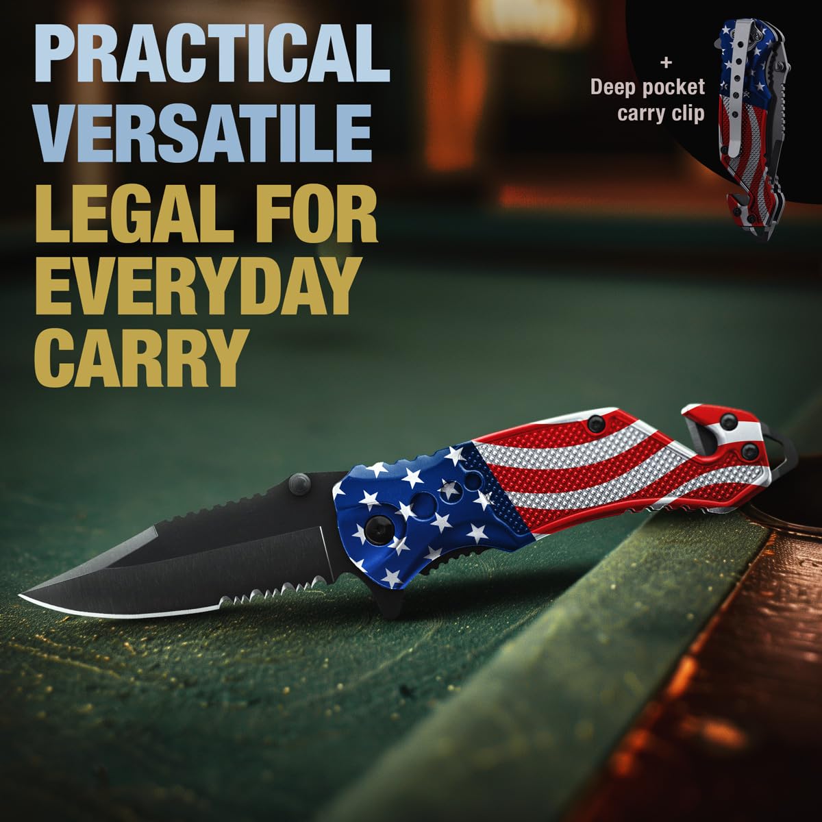 GOOD WORKER Legal Pocket Knife with 2.95” Serrated Blade, Glass Breaker, Seat Belt Cutter - EDC Sharp Folding Knives with Portable Clip - Small Tool for Tactical Camping Survival Hiking - Gifts for Men, Women