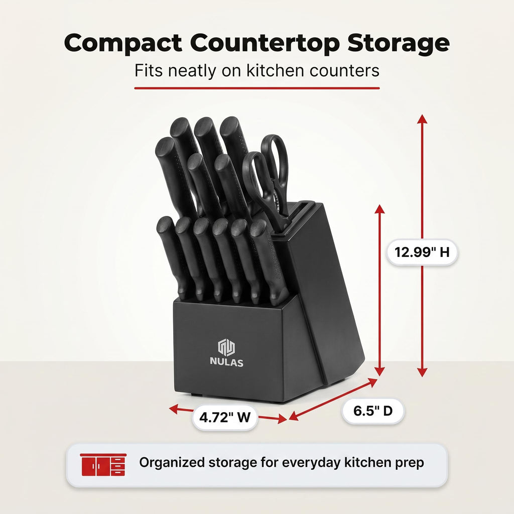 Knife Set, 15-Piece Kitchen Knife Set with Block and Built-in Sharpener, Dishwasher Safe, Non-slip Handle, 6 Steak Knives, Black