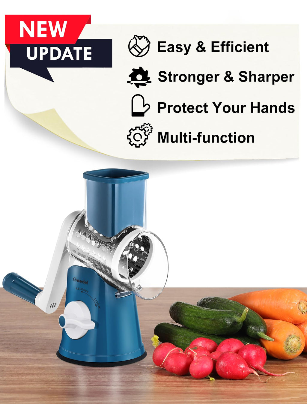 Geedel Rotary Cheese Grater, Kitchen Mandoline Vegetable Slicer with 3 Interchangeable Blades, Easy to Clean Grater for Fruit, Vegetables, Nuts