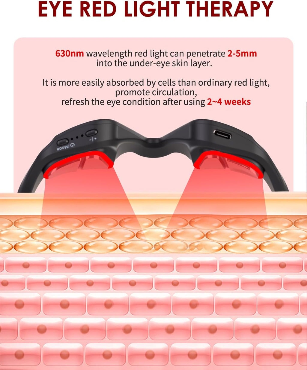 UTK Under Eye Red Light Therapy Device, 630nm Red Light Glasses for Eye Bags, Dark Circles, Puffiness, Rechargeable & 39g Ultra-Light, Gift for Women and Men (Black)