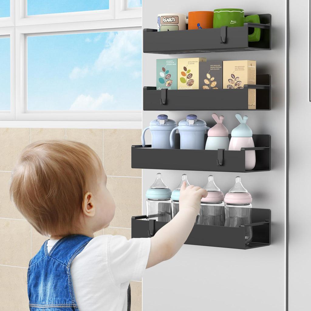 HuggieGems 4 Pack Magnetic Spice Rack Organizer for Refrigerator and Oven, Black Fridge Organizers and Storage for Kitchen