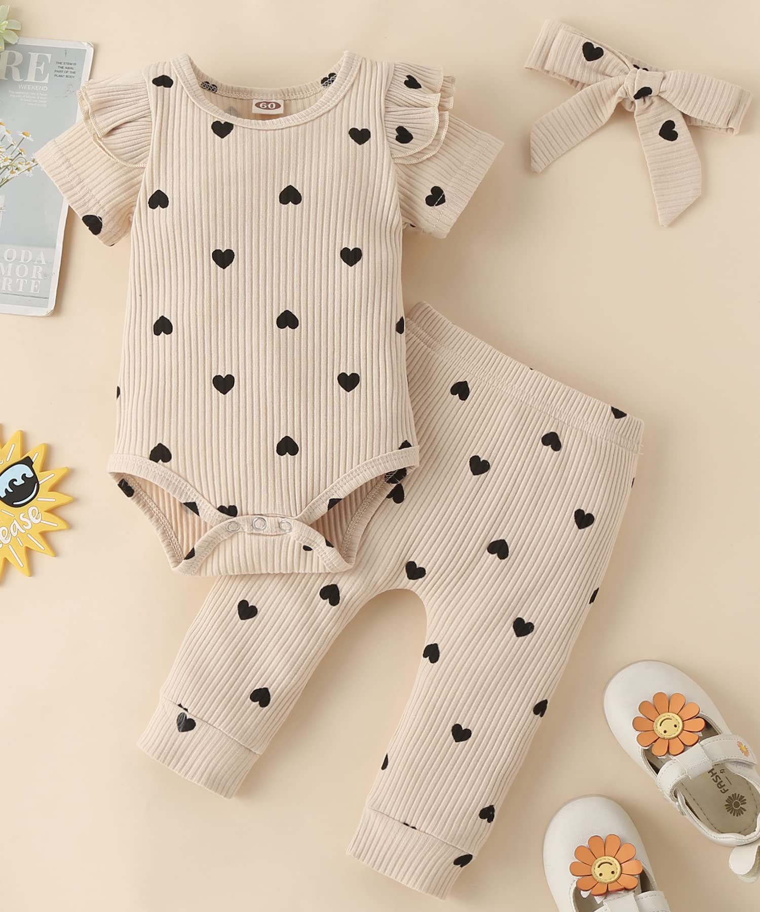 Fullfamous Baby Girl's 3pc Rib Frill Long Sleeve Romper and Pant Set