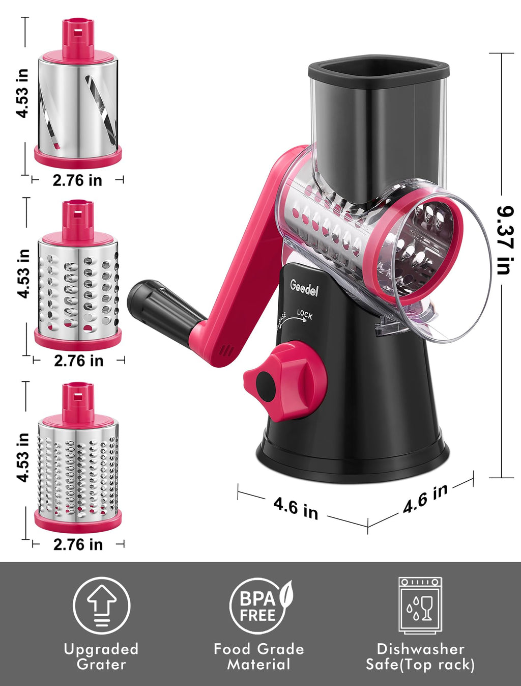 Geedel Rotary Cheese Grater, Kitchen Mandoline Vegetable Slicer with 3 Interchangeable Blades, Easy to Clean Grater for Fruit, Vegetables, Nuts