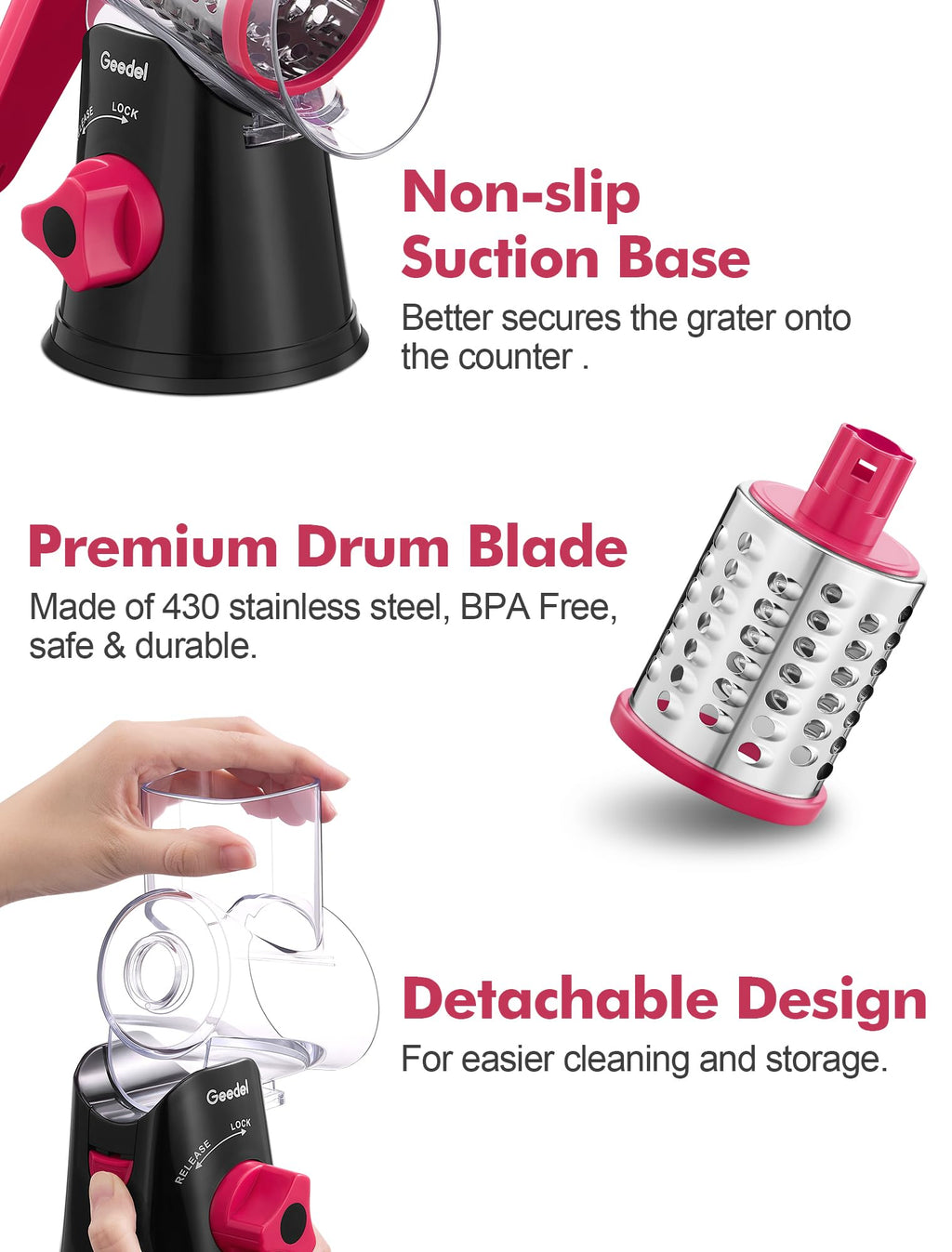 Geedel Rotary Cheese Grater, Kitchen Mandoline Vegetable Slicer with 3 Interchangeable Blades, Easy to Clean Grater for Fruit, Vegetables, Nuts