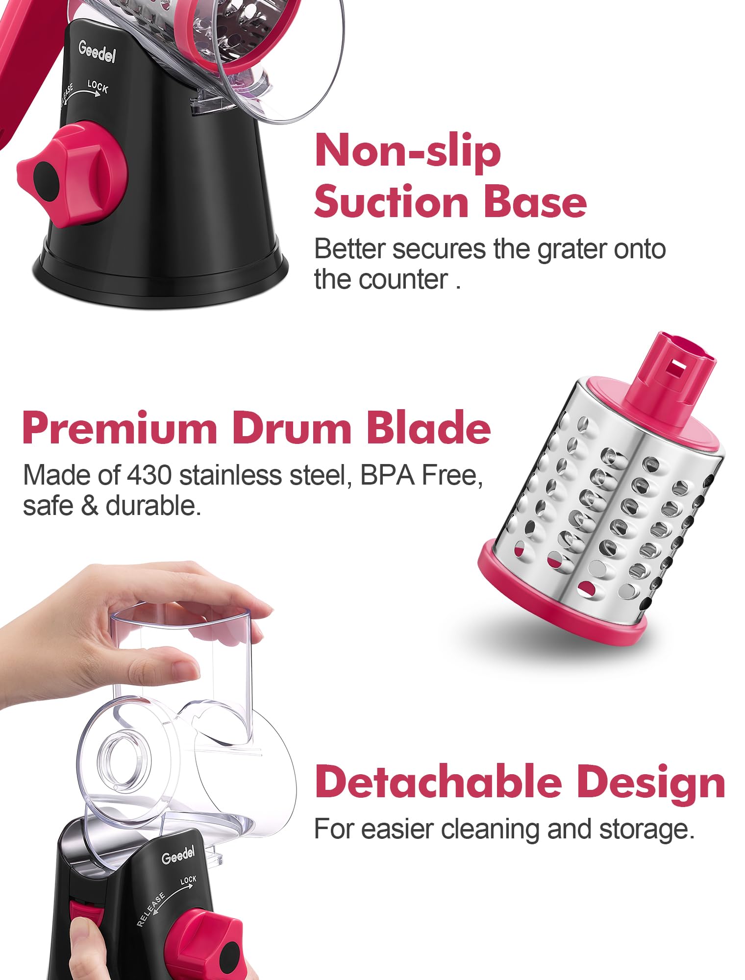 Geedel Rotary Cheese Grater, Kitchen Mandoline Vegetable Slicer with 3 Interchangeable Blades, Easy to Clean Grater for Fruit, Vegetables, Nuts