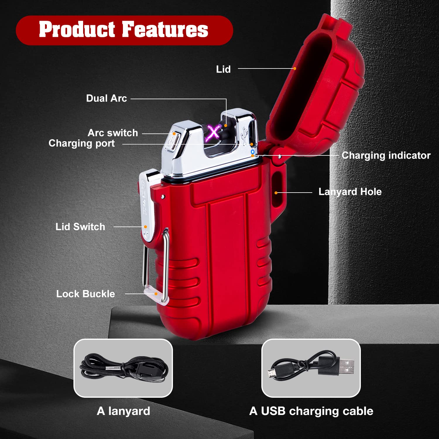 LcFun Electric Dual Arc Lighter USB Rechargeable Outdoor Windproof Flameless Plasma Lighters for Camping, Hiking, Waterproof Matches Survival Tactical Gear Birthday Gifts for Men