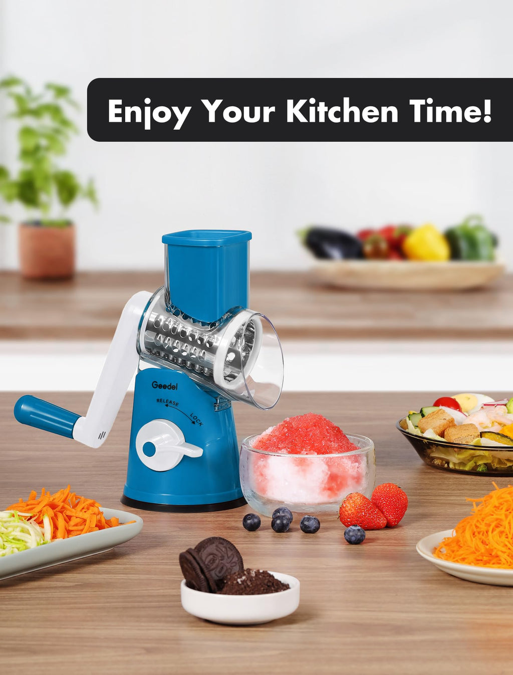 Geedel Rotary Cheese Grater, Kitchen Mandoline Vegetable Slicer with 3 Interchangeable Blades, Easy to Clean Grater for Fruit, Vegetables, Nuts