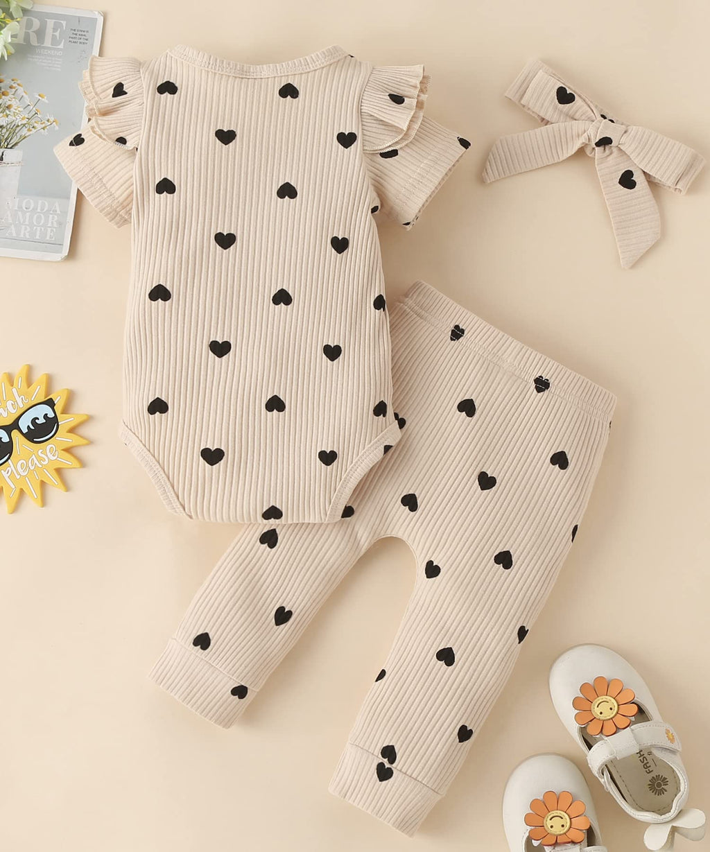Fullfamous Baby Girl's 3pc Rib Frill Long Sleeve Romper and Pant Set