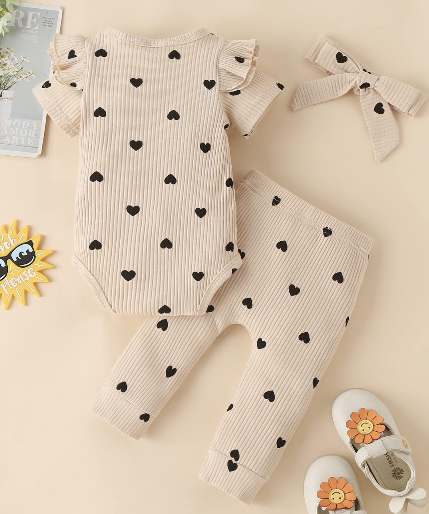 Fullfamous Baby Girl's 3pc Rib Frill Long Sleeve Romper and Pant Set