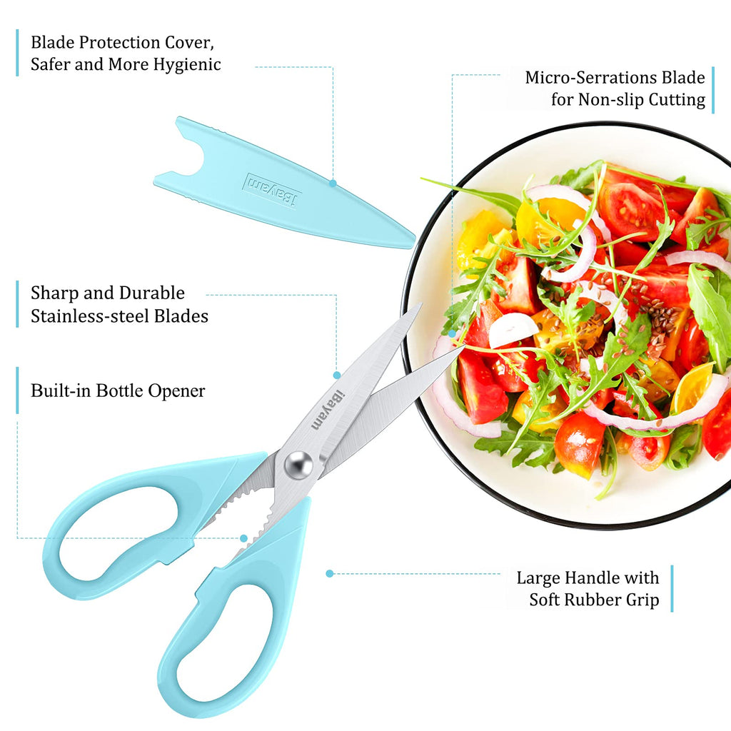 iBayam Kitchen Scissors All Purpose Heavy Duty 2 Pack with Protective Sheath, Stainless Steel Shears Kitchen Utensils Set for Cutting Food Cooking Meat Poultry Dishwasher Safe Soft Comfort-Grip