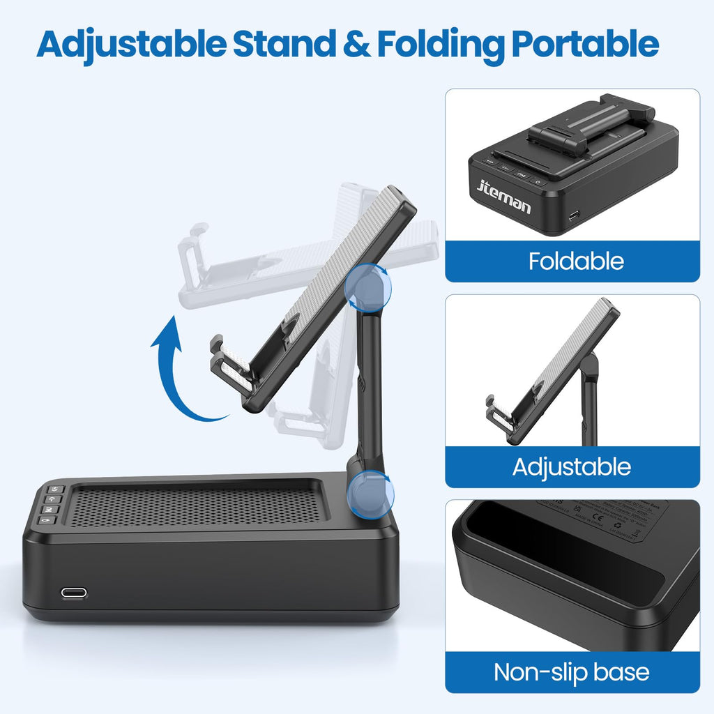 JTEMAN Cell Phone Stand with Bluetooth Speaker, HD Stereo Sound & Anti-Slip Base, Foldable Adjustable Desktop Phone Holder for Home Office, Cool Tech Gadgets Birthday Gifts for Men Women (Black)
