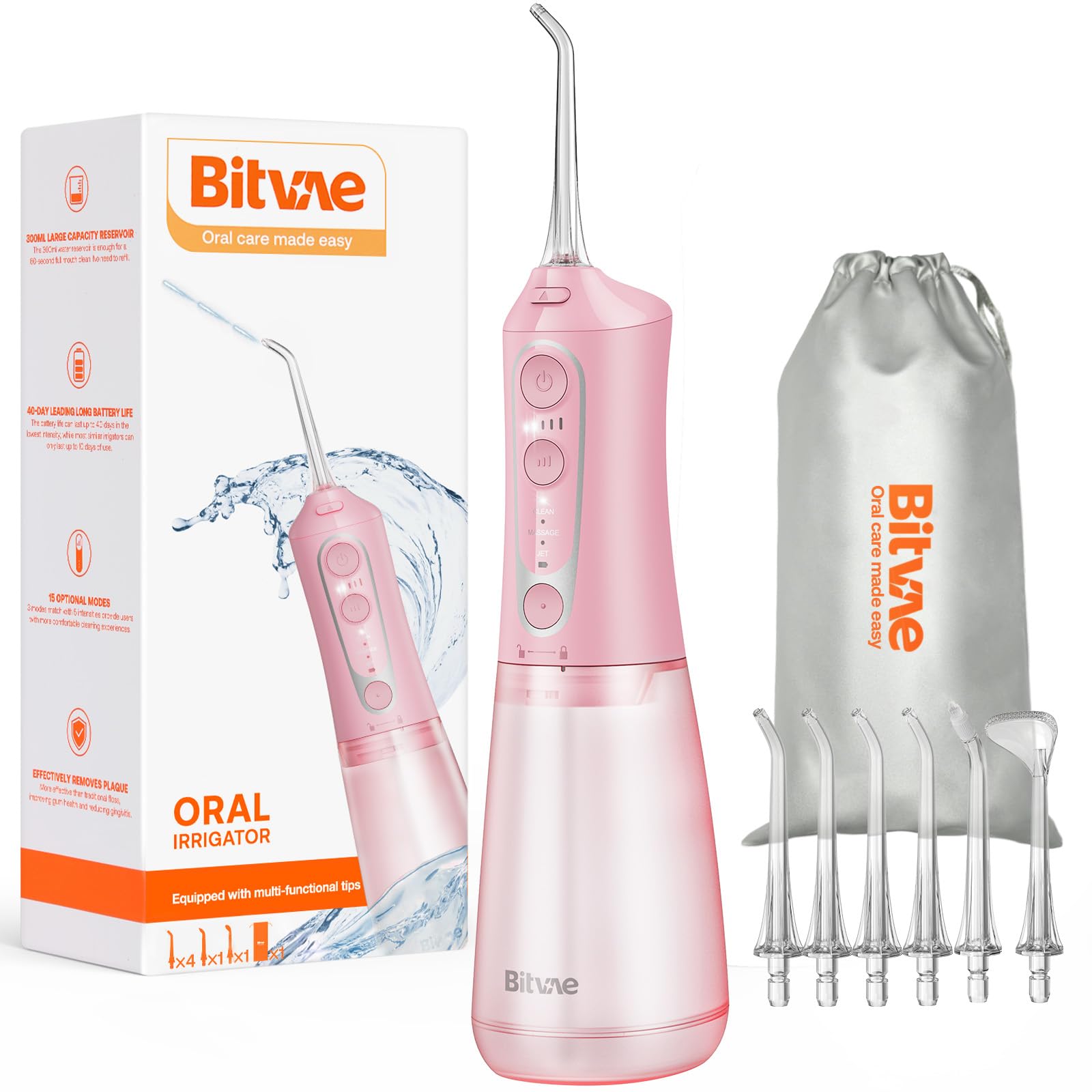 Bitvae Water Dental Flosser for Teeth, Cordless Water Teeth Cleaner Picks, 3 Modes 5 Intensities, IPX7 Waterproof, Rechargeable Water Dental Picks for Cleaning - Black
