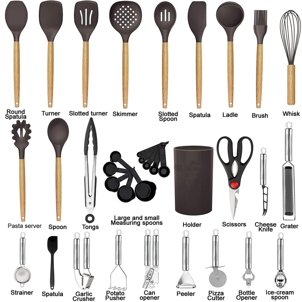 Kitchen Utensils Set- 35 PCs Cooking Utensils with Grater,Tongs, Spoon Spatula &Turner Made of Heat Resistant Food Grade Silicone and Wooden Handles Kitchen Gadgets Tools Set for Nonstick Cookware