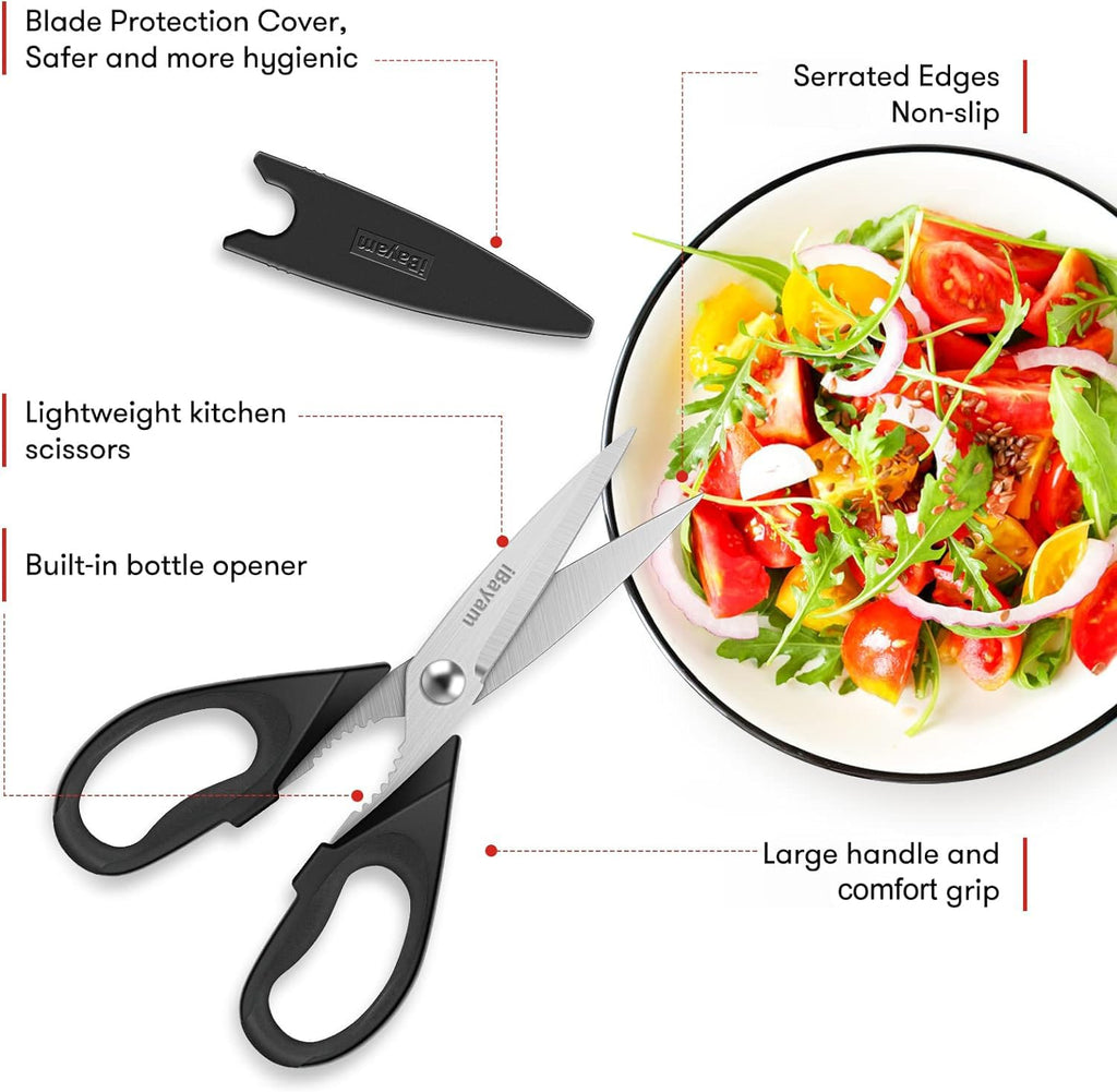 iBayam Kitchen Scissors All Purpose Heavy Duty 2 Pack with Protective Sheath, Stainless Steel Shears Kitchen Utensils Set for Cutting Food Cooking Meat Poultry Dishwasher Safe Soft Comfort-Grip