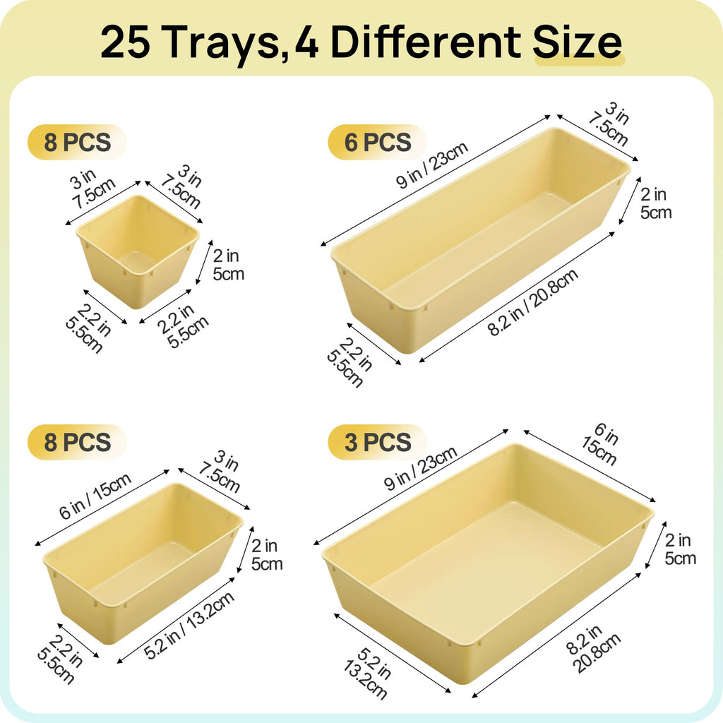 Vtopmart 25 PCS Clear Plastic Drawer Organizers Set, 4-Size Versatile Bathroom and Vanity Drawer Organizer Trays, Storage Bins for Makeup, Bedroom, Kitchen Gadgets Utensils and Office