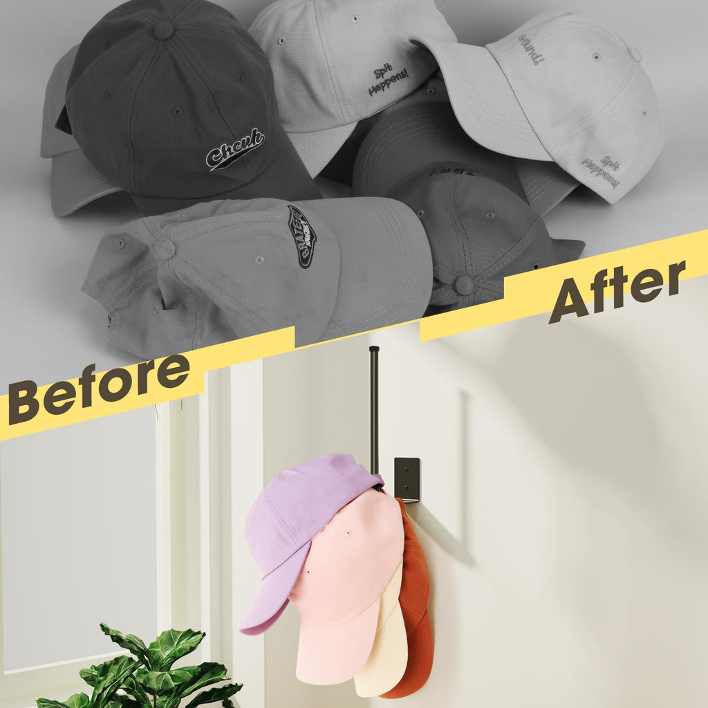 Durmmur 2 Pack Hat Racks for Baseball Caps, Stainless Steel Hat Organizer for Baseball Cap, Hat Holder Storage Organizer, Hat Hanger Strong Adhesive/Wall Drilled for Door, Bedroom, Closet(Black 6 in)