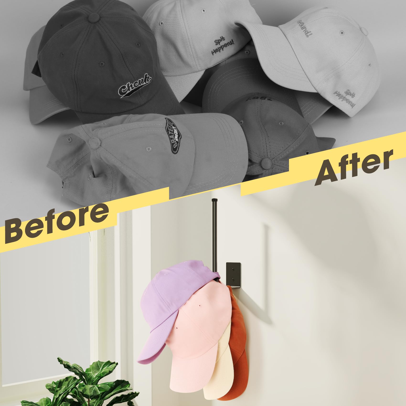 Durmmur 2 Pack Hat Racks for Baseball Caps, Stainless Steel Hat Organizer for Baseball Cap, Hat Holder Storage Organizer, Hat Hanger Strong Adhesive/Wall Drilled for Door, Bedroom, Closet(Black 6 in)