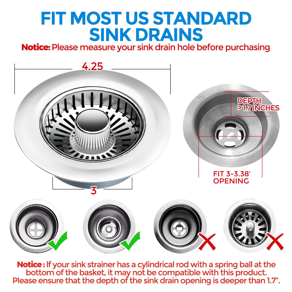 Sink Drain Strainer - Sink Stopper Kitchen Drain, 3 in 1 Kitchen Sink Drain Strainer with Anti-Clogging Basket, Kitchen Gadgets Clearance Sink Accessories, Fit US Standard 3-1/2'' Sink Hole, Silver