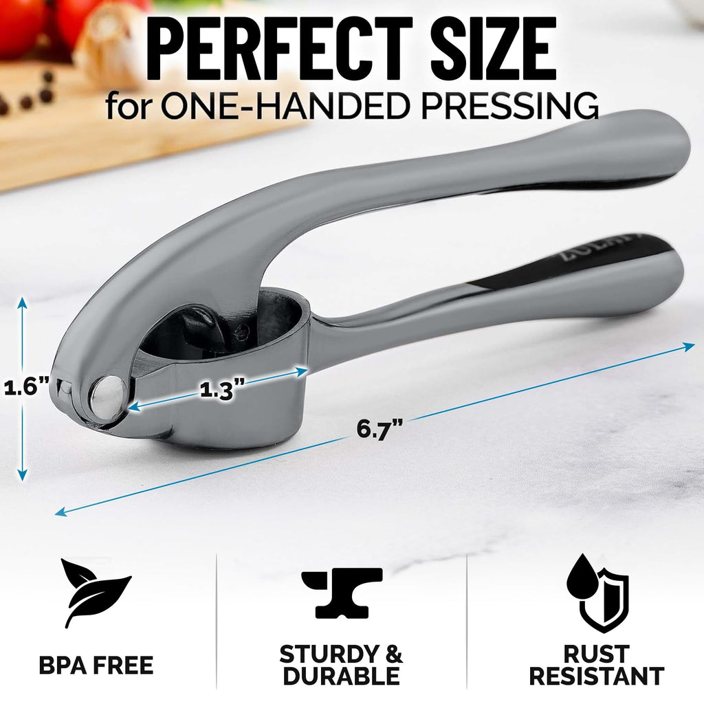 Zulay Kitchen Premium Garlic Press Set - Rust Proof Professional Garlic Mincer Tool - Easy-Squeeze, Easy-Clean with Soft, Ergonomic Handle - Silicone Garlic Peeler & Brush (Silver)