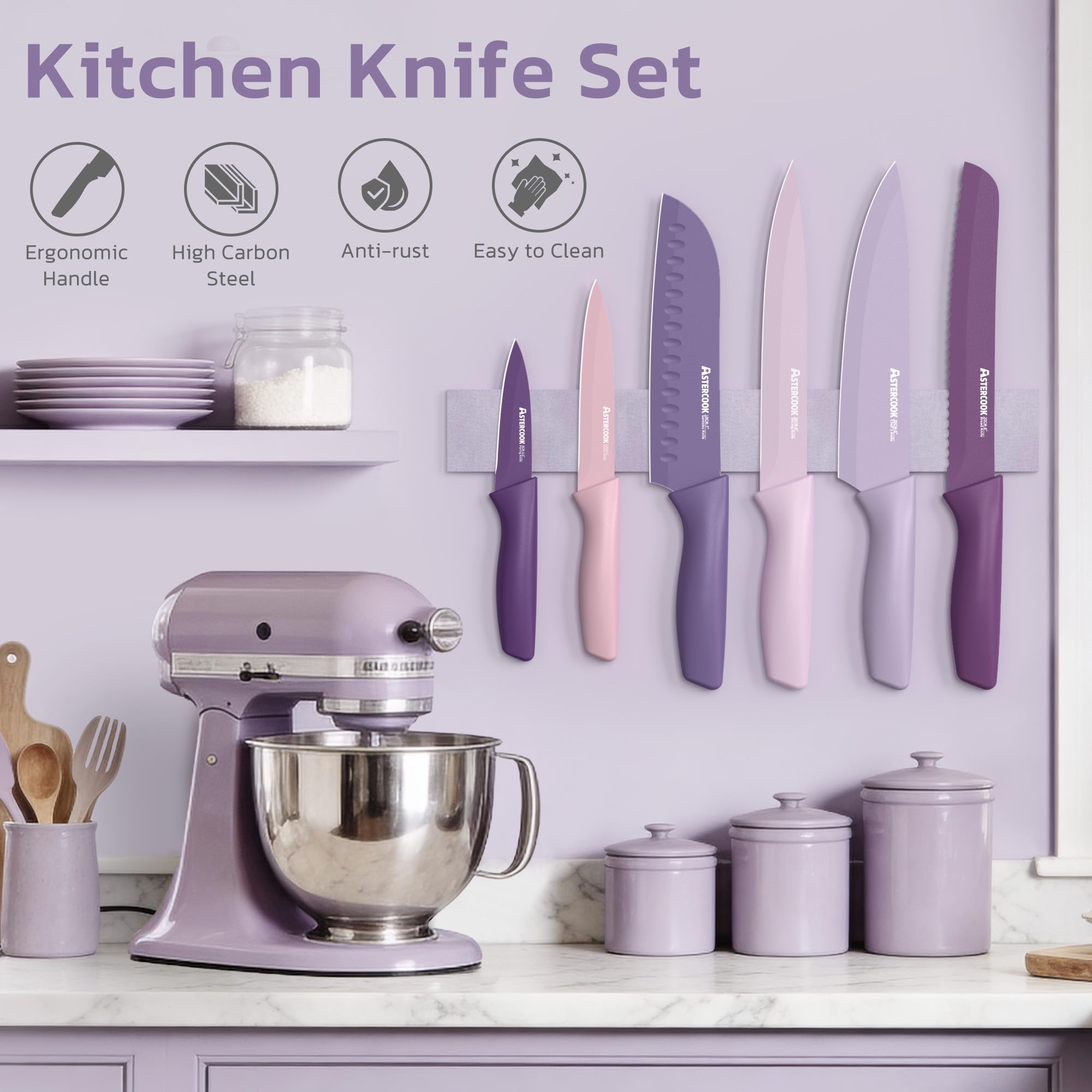 Astercook Knife Set, 13 Pieces Kitchen Knives Set with Healthy Anti-Rust Coating, Dishwasher Safe, Stainless Steel Chef Knife Sets with 6 Blade Guards, Perfect Holiday Gifts for Kitchen