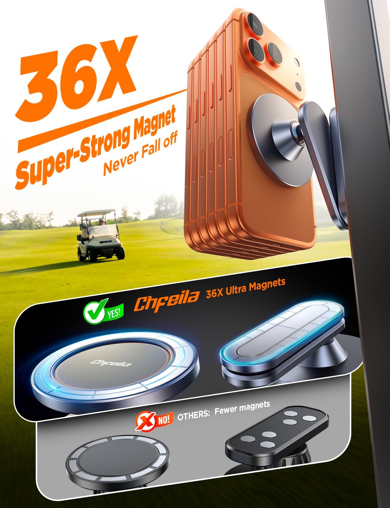Chfeila Golf Cart Phone Holder Magnetic Mount [One Hand 360° Adjustable & 36X Strong Magnets] Golf Gifts for Men Dad Husband Fathers Day 2026, Golf Accessories for iPhone, Fits EZGO Yamaha Club Car