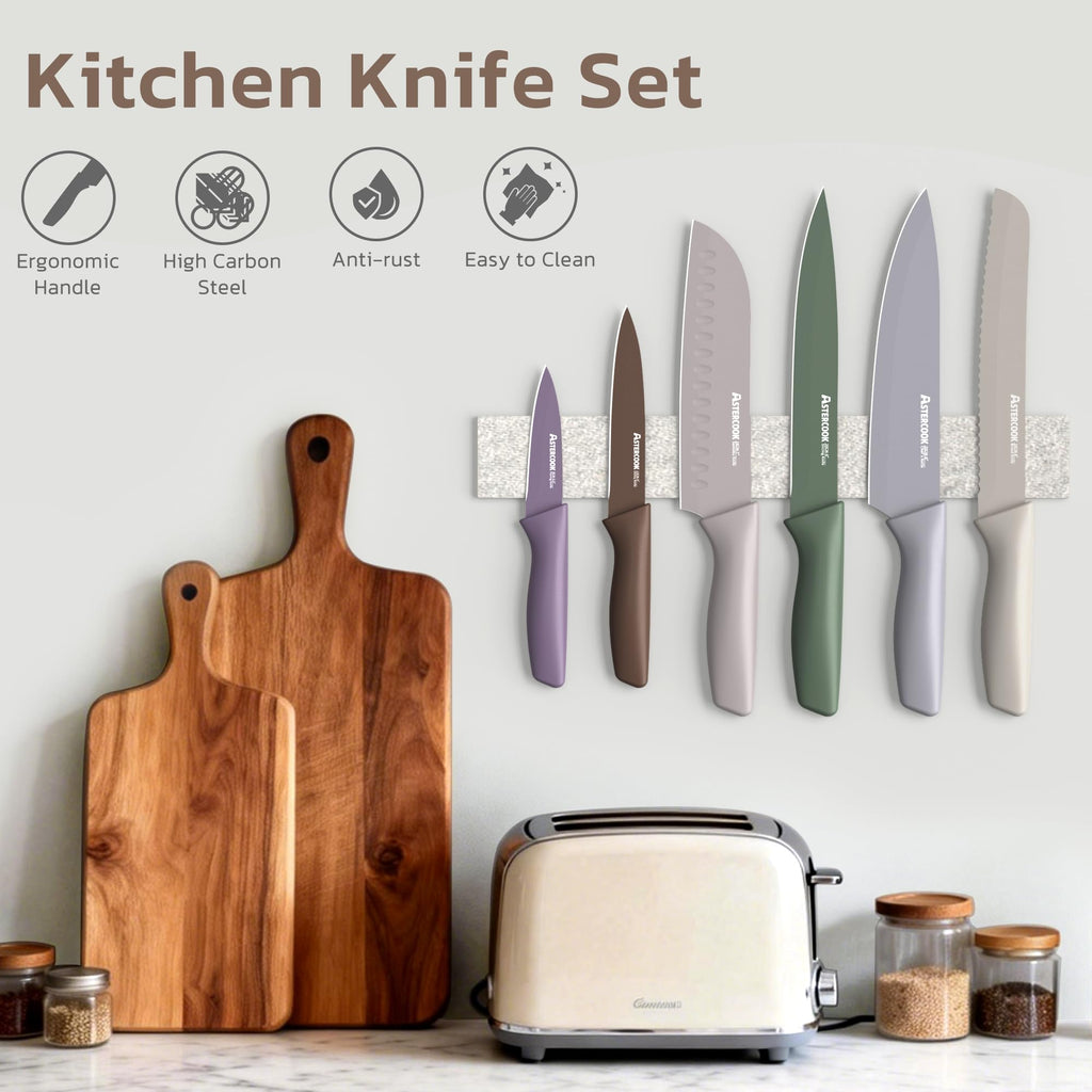 Astercook Knife Set, 13 Pieces Kitchen Knives Set with Healthy Anti-Rust Coating, Dishwasher Safe, Stainless Steel Chef Knife Sets with 6 Blade Guards, Perfect Holiday Gifts for Kitchen