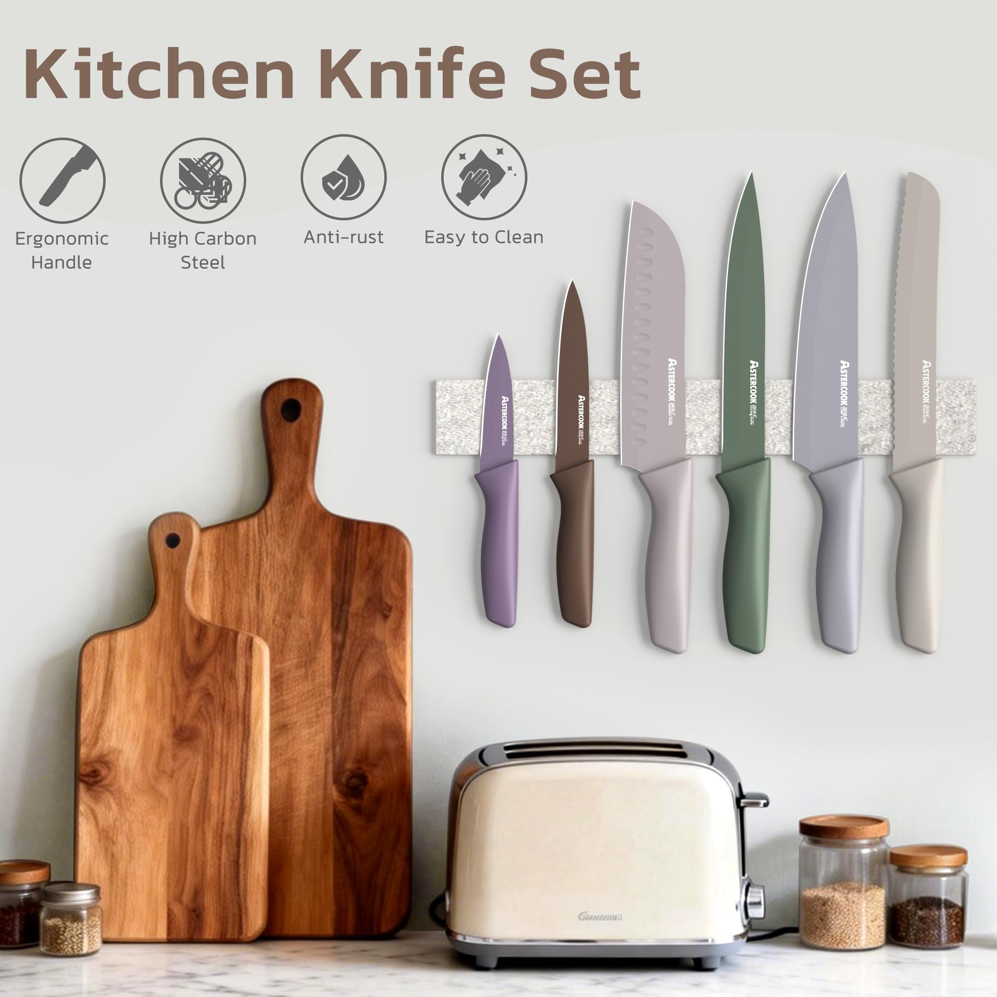 Astercook Knife Set, 13 Pieces Kitchen Knives Set with Healthy Anti-Rust Coating, Dishwasher Safe, Stainless Steel Chef Knife Sets with 6 Blade Guards, Perfect Holiday Gifts for Kitchen