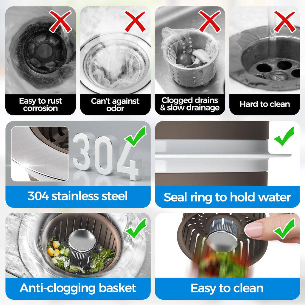 Sink Drain Strainer - Sink Stopper Kitchen Drain, 3 in 1 Kitchen Sink Drain Strainer with Anti-Clogging Basket, Kitchen Gadgets Clearance Sink Accessories, Fit US Standard 3-1/2'' Sink Hole, Silver