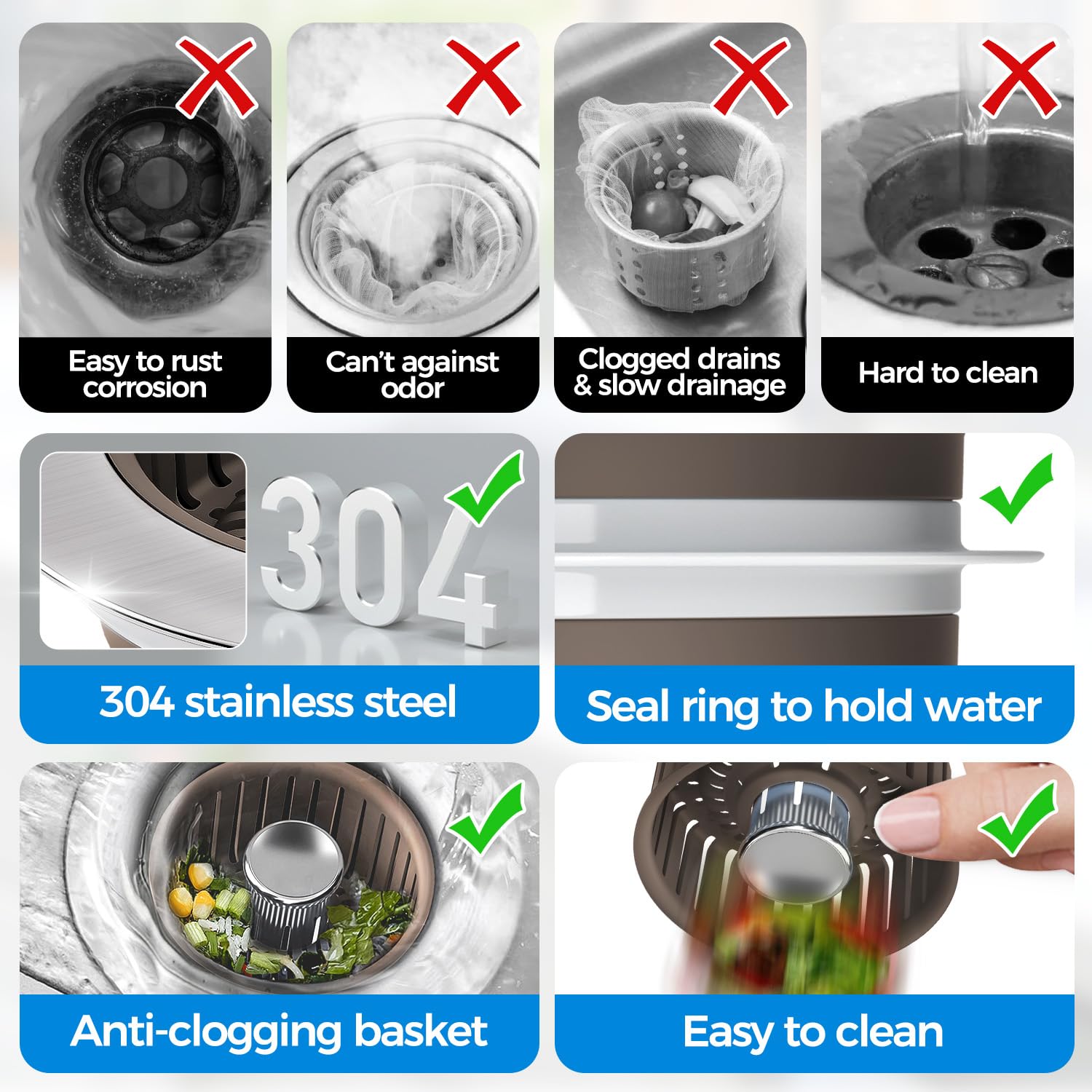 Sink Drain Strainer - Sink Stopper Kitchen Drain, 3 in 1 Kitchen Sink Drain Strainer with Anti-Clogging Basket, Kitchen Gadgets Clearance Sink Accessories, Fit US Standard 3-1/2'' Sink Hole, Silver