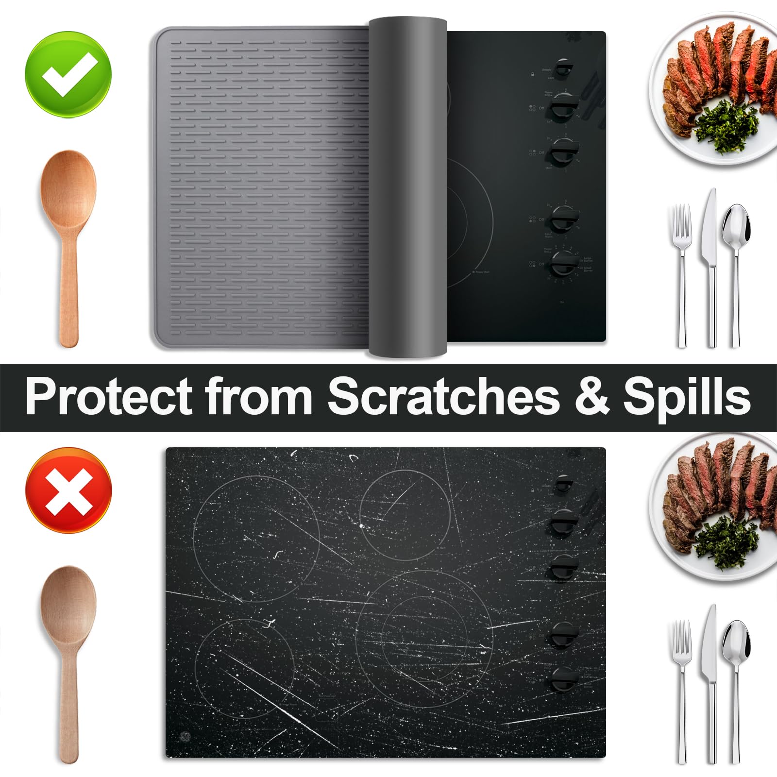 Stove Top Cover for Electric Stove- Range Covers for Electric Stove,Silicone XXL Dish Drying Mat, Glass Cooktop Covers, Flat RV Range top Mats (Black, 28"x20")