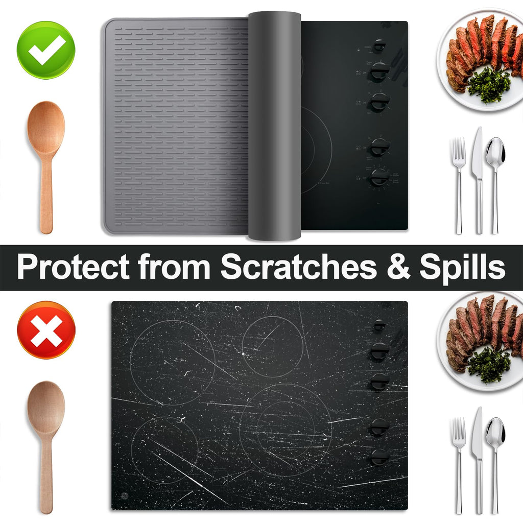 Stove Top Cover for Electric Stove- Range Covers for Electric Stove,Silicone XXL Dish Drying Mat, Glass Cooktop Covers, Flat RV Range top Mats (Black, 28"x20")