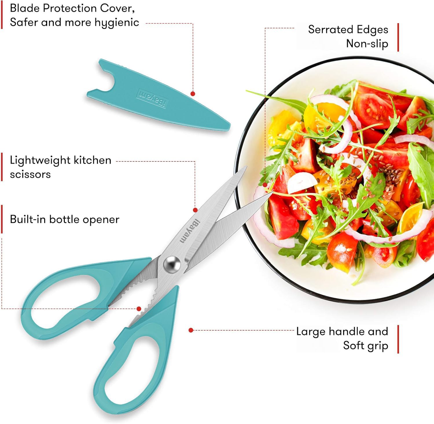 iBayam Kitchen Scissors All Purpose Heavy Duty 2 Pack with Protective Sheath, Stainless Steel Shears Kitchen Utensils Set for Cutting Food Cooking Meat Poultry Dishwasher Safe Soft Comfort-Grip
