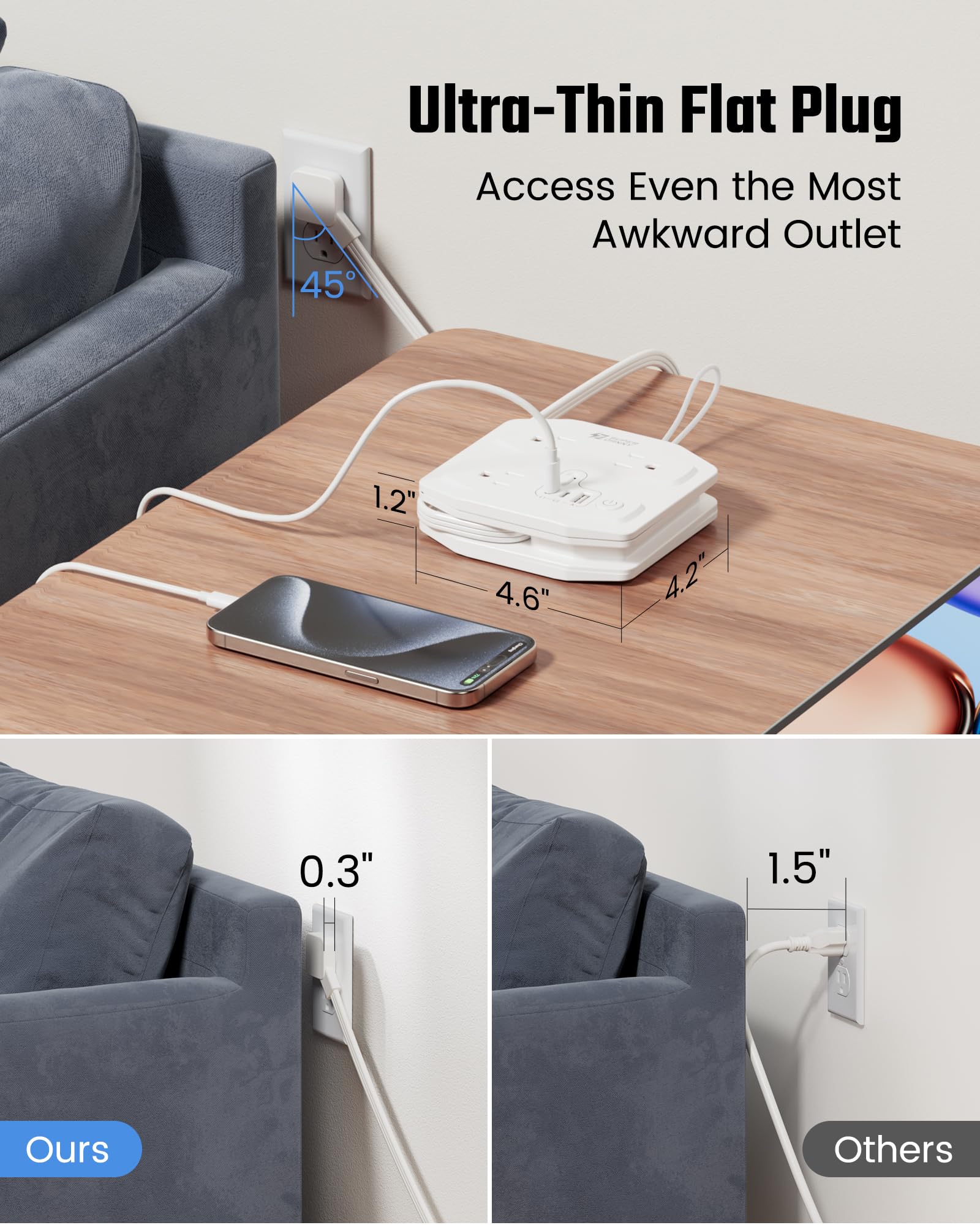 10Ft Extension Cord with Multiple Outlets, Flat Plug Surge Protector Power Strip 10 Ft Long Cord, 8 Outlets & 4 USB Ports (2 USB C), Desk Charging Station for Home Office, College Dorm Room Essentials