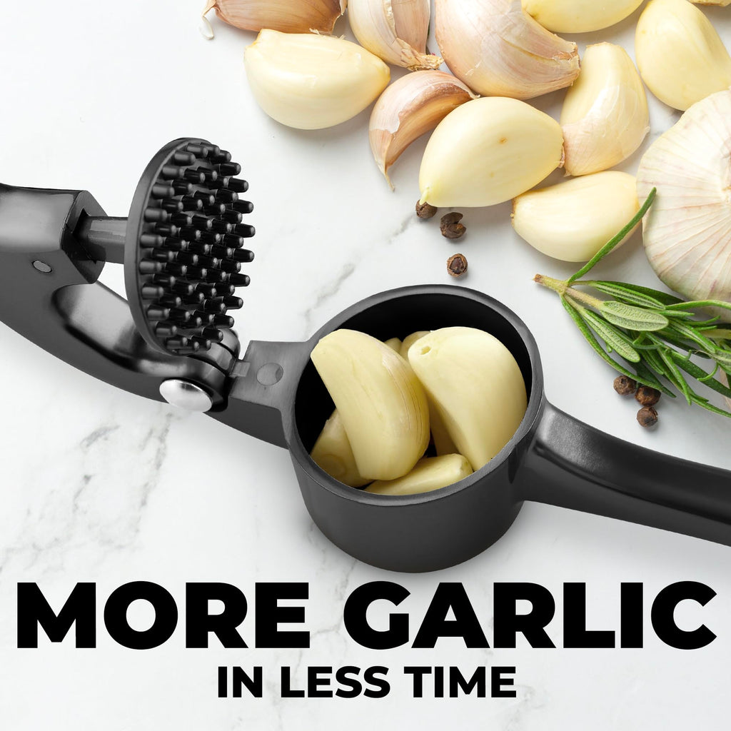 Zulay Kitchen Premium Garlic Press Set - Rust Proof Professional Garlic Mincer Tool - Easy-Squeeze, Easy-Clean with Soft, Ergonomic Handle - Silicone Garlic Peeler & Brush (Silver)