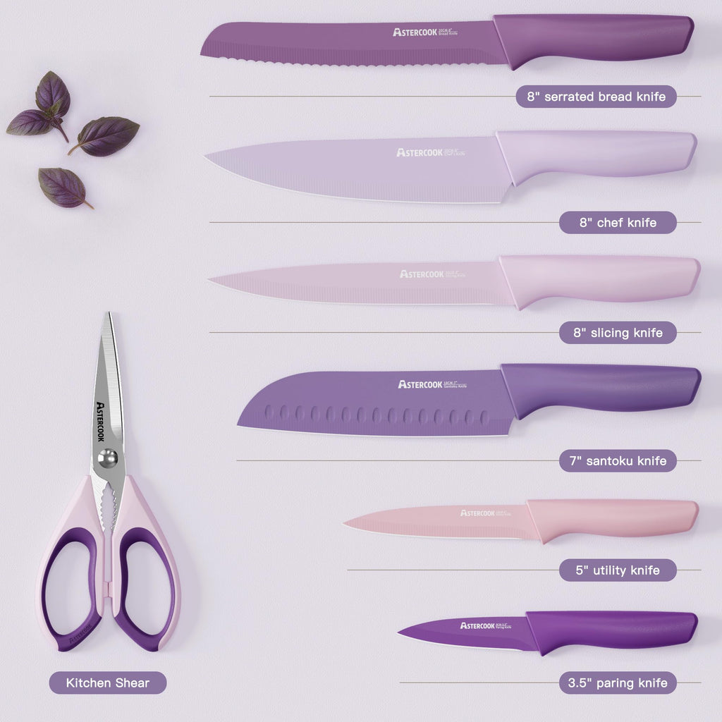 Astercook Knife Set, 13 Pieces Kitchen Knives Set with Healthy Anti-Rust Coating, Dishwasher Safe, Stainless Steel Chef Knife Sets with 6 Blade Guards, Perfect Holiday Gifts for Kitchen