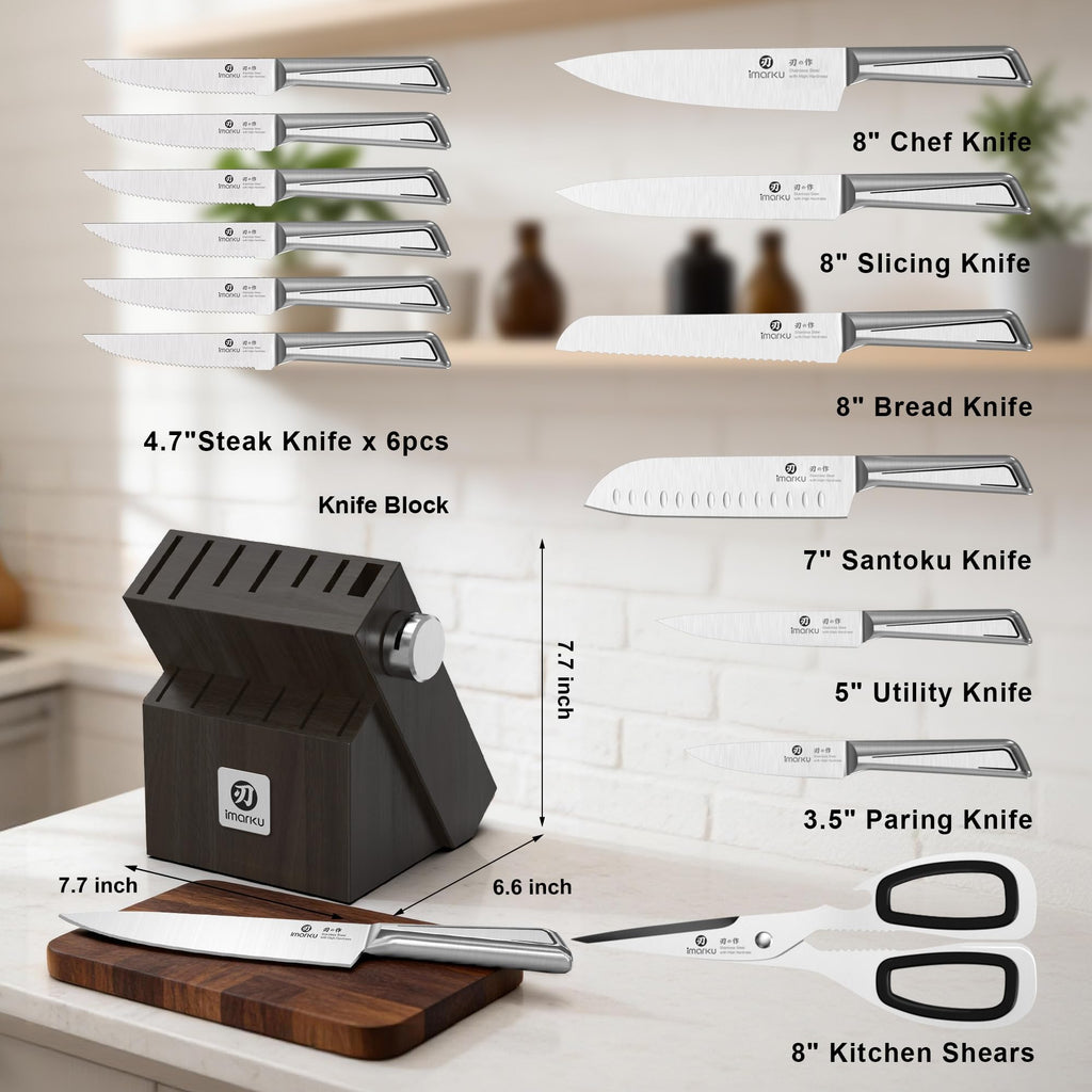 imarku 14-Piece Knife Set, Japanese Stainless Steel Knives Set for Kitchen, Full-Tang Gyutou Knife Sets with Block and Build-in Sharpener, Brown, Dishwasher Safe, House Warming Gifts for Mom