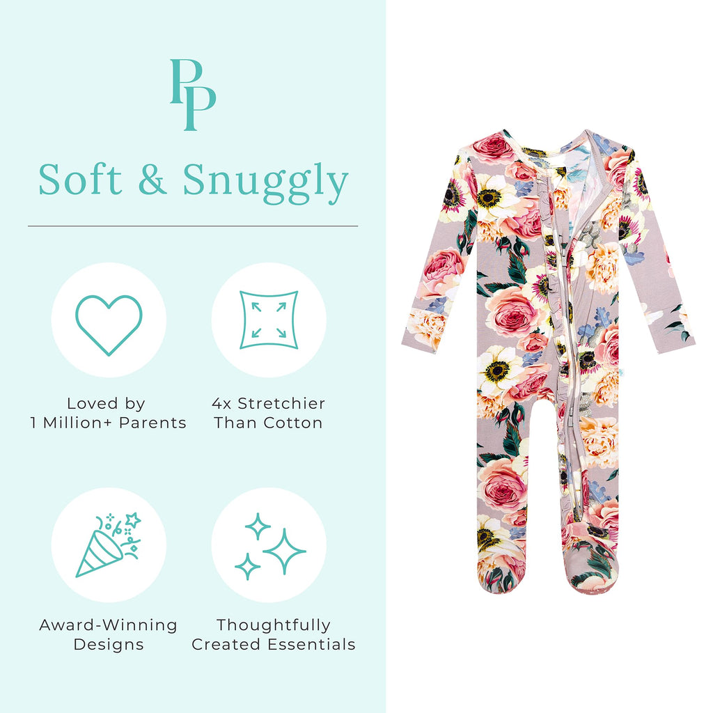 Posh Peanut Footie Pajamas for Baby Girls – Sleepers in Ultra-Soft Viscose from Bamboo with 2-Way Zipper & Ruffle Trim