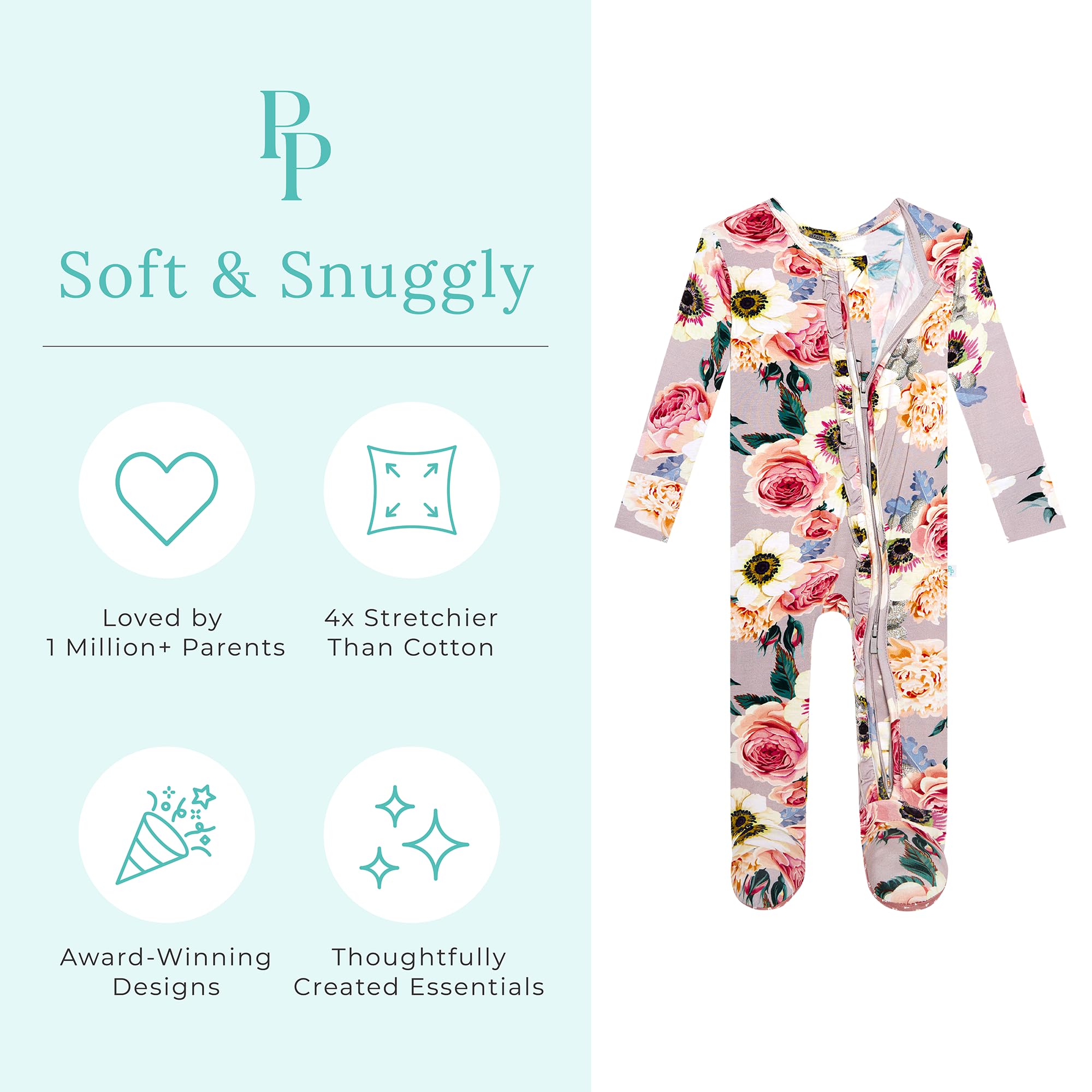 Posh Peanut Footie Pajamas for Baby Girls – Sleepers in Ultra-Soft Viscose from Bamboo with 2-Way Zipper & Ruffle Trim