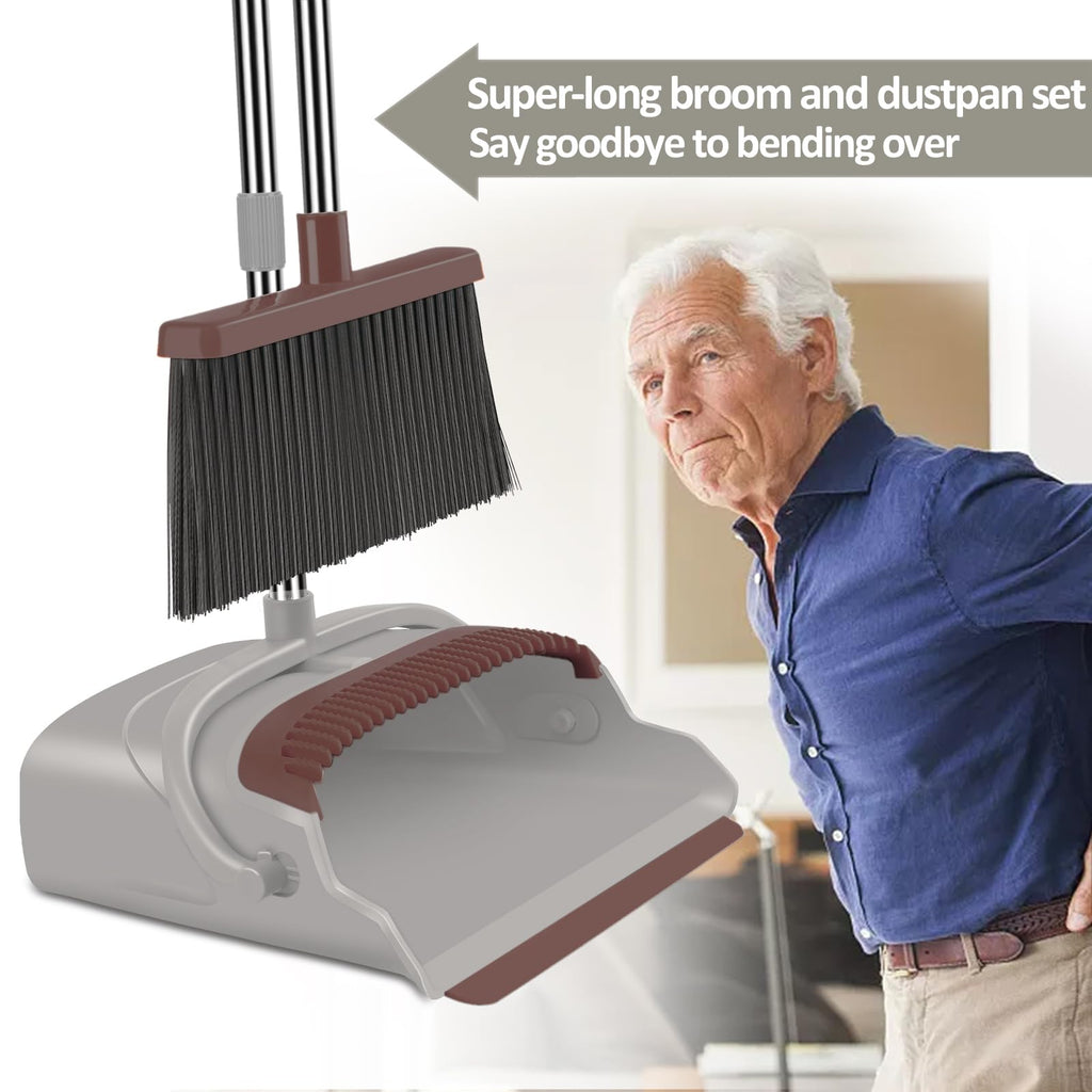 Upgrade Broom and Dustpan Set, Self-Cleaning with Dustpan Teeth, Indoor&Outdoor Sweeping, Ideal for Dog Cat Pets Home Use, Stand Up Broom and Dustpan (Gray&Orange)